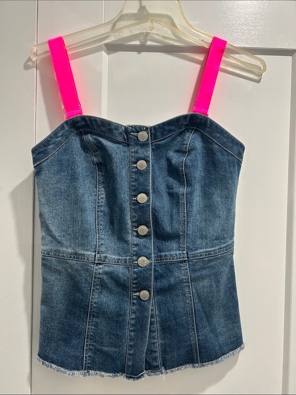 Denim Button-Front Bustier Top with Neon Pink Straps